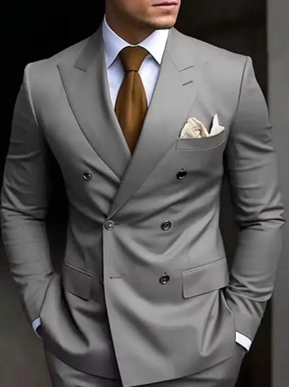 Men's grey Korean-style slim fit two-piece suit jacket and trousers on a hanger.