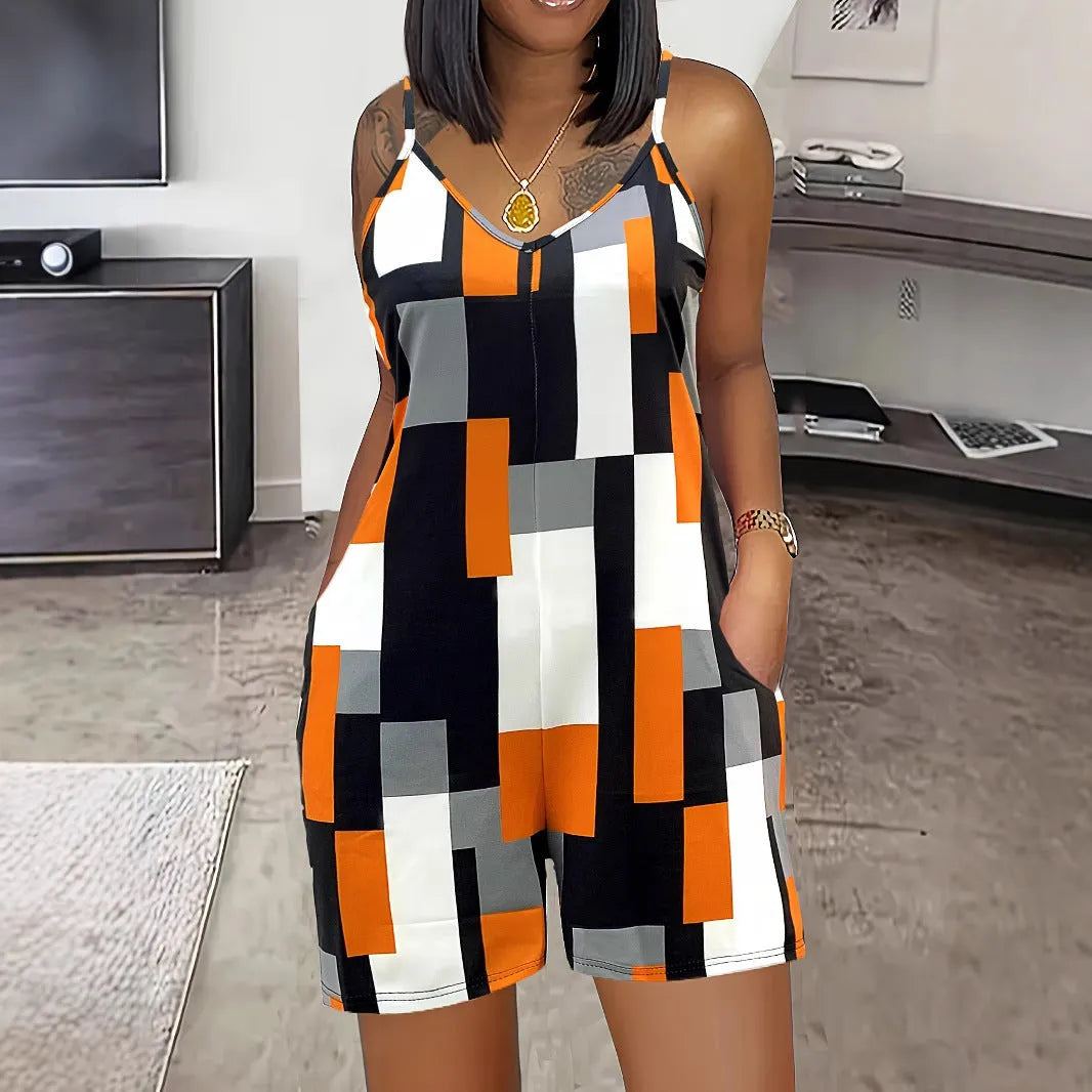 Womens sleeveless V-neck jumpsuit with inner pocket in polyester fabric