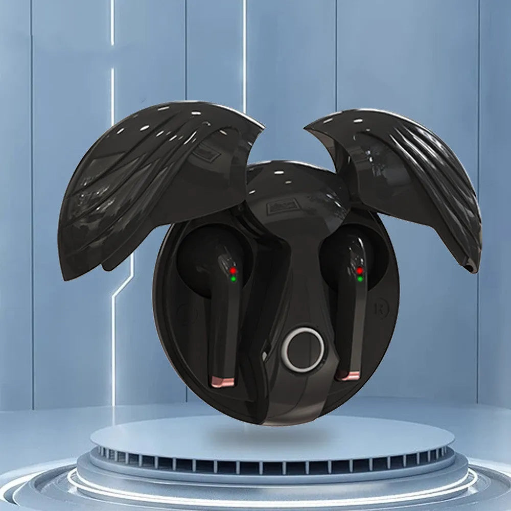 Gaming TWS true wireless Bluetooth headset with noise cancelling in black charging case, side view