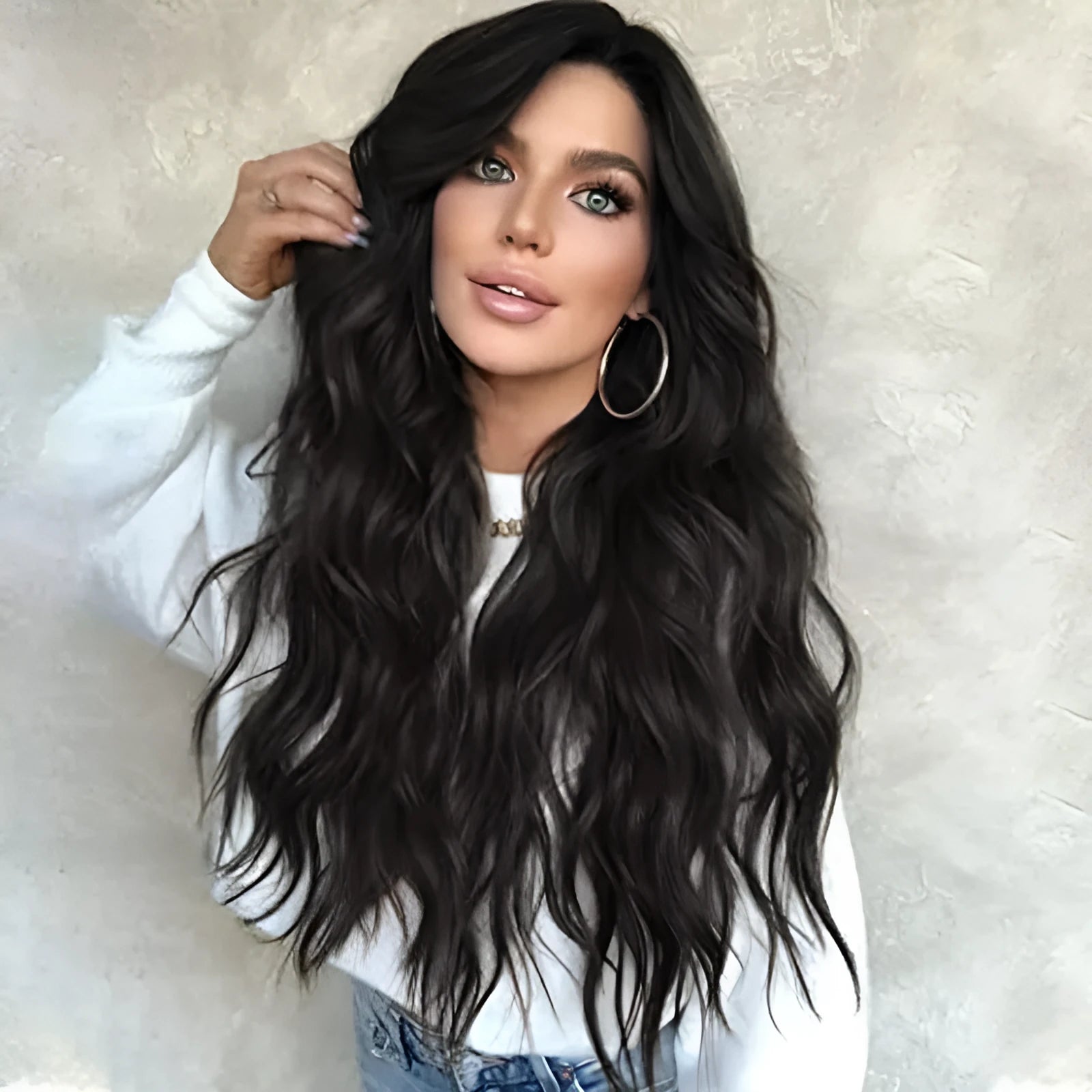 Front lace wig with medium large wavelength curly hair and long bangs for ladies in style shown