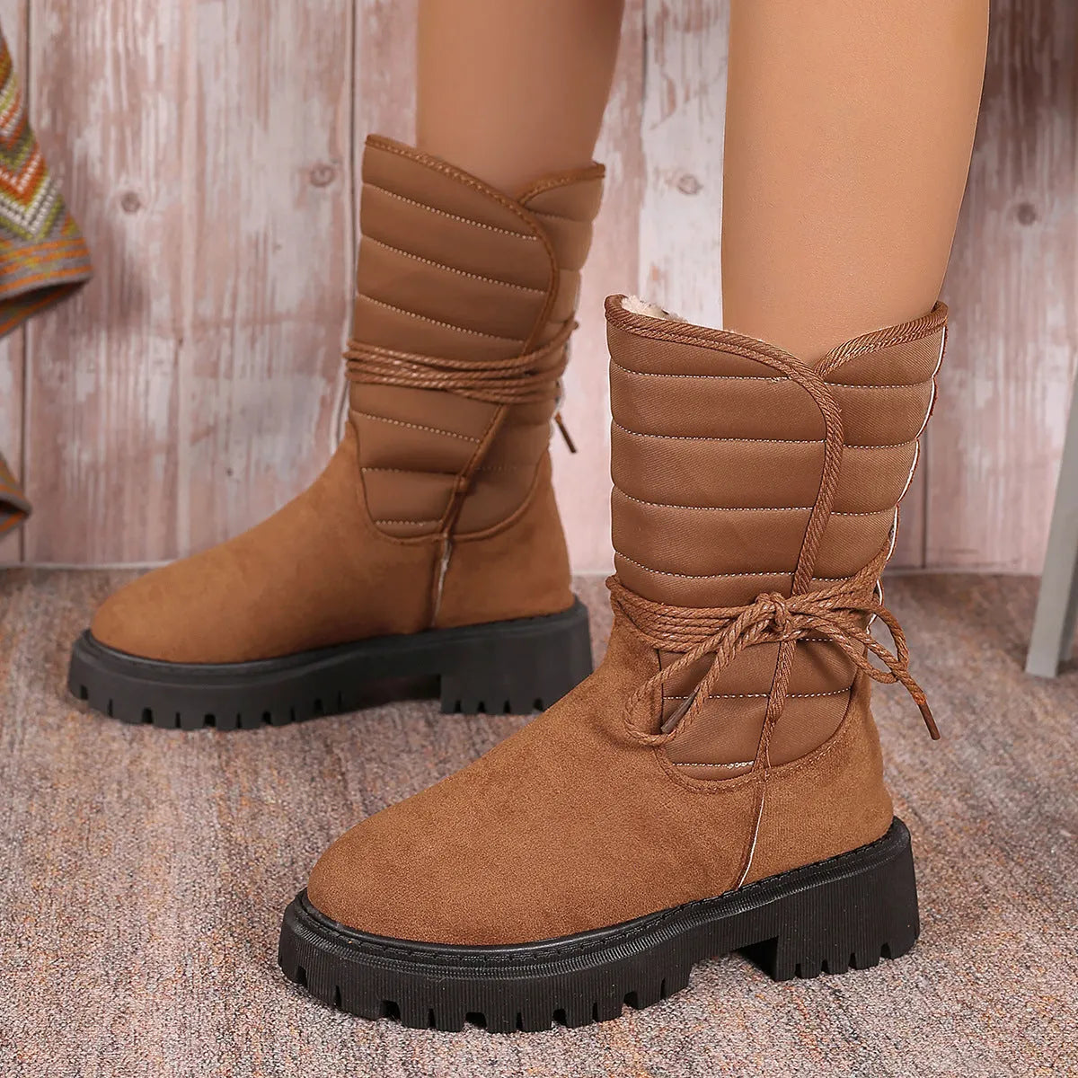 Women's chunky heel mid-tube snow boots with lace-up design in black, grey, and brown colours