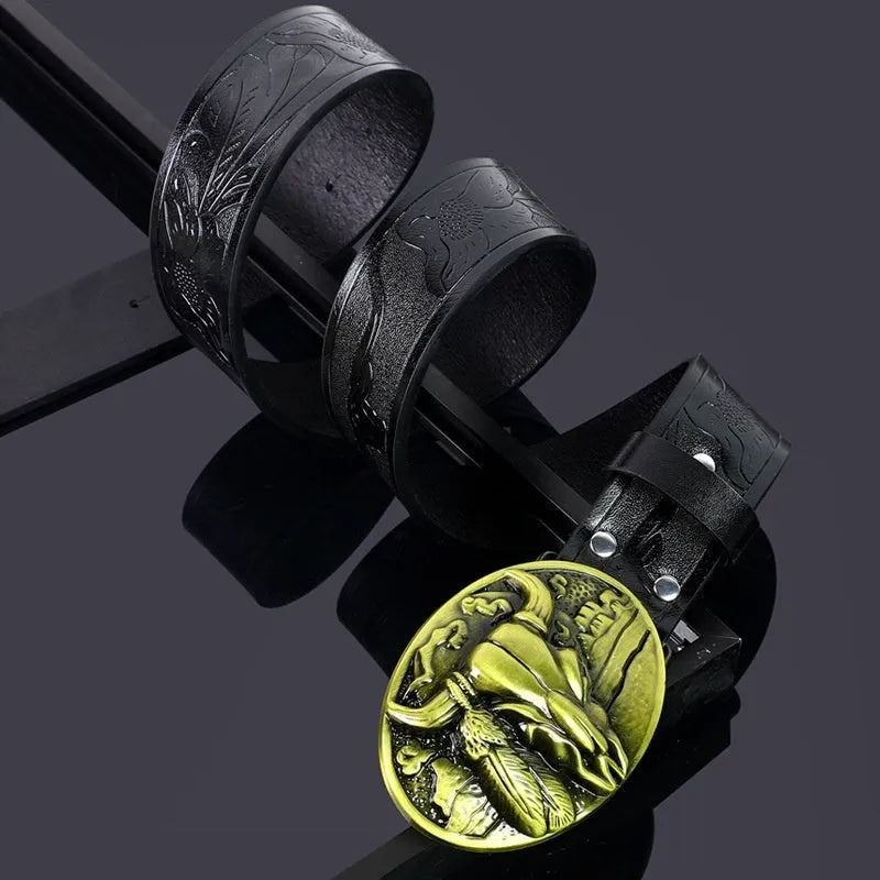 Men's imitation leather belt with cow head buckle design in black or brown colours