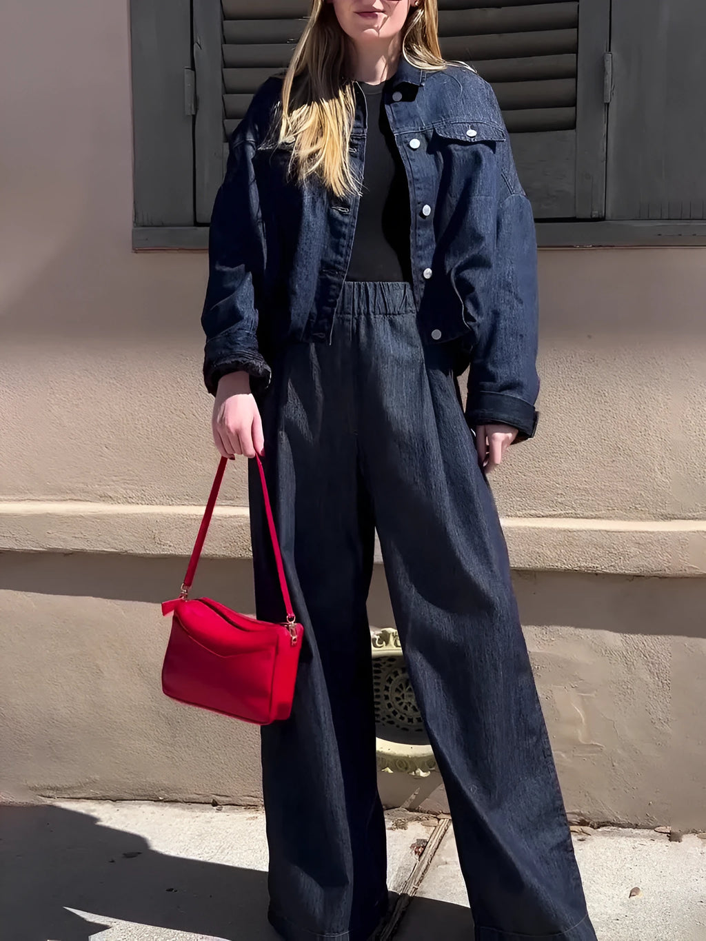 Dark denim oversized jacket and wide-leg pant set in blue, regular fit, front view