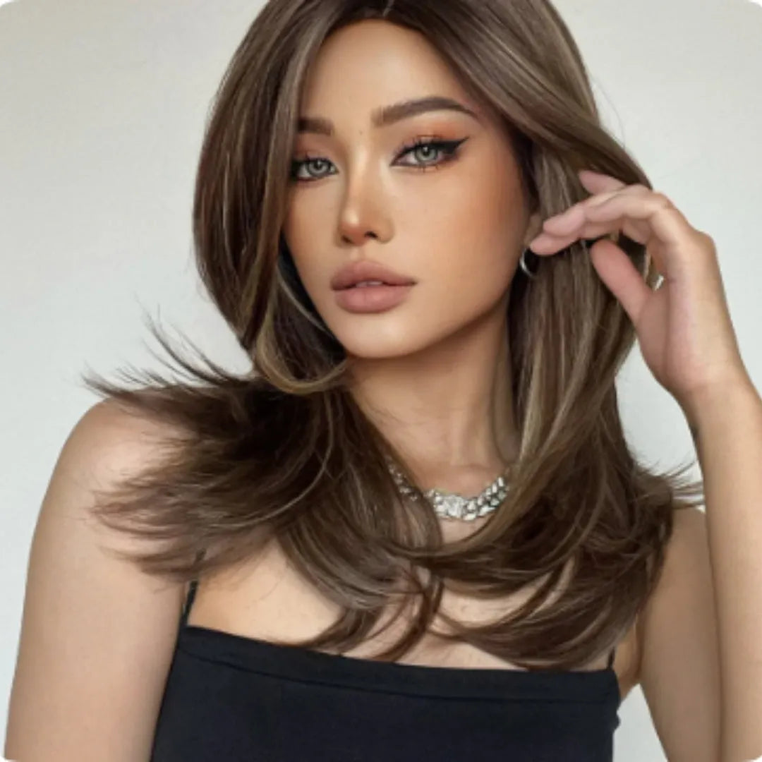 Mid-length gradient colour curly wig with long fringe in high-temperature fibre material