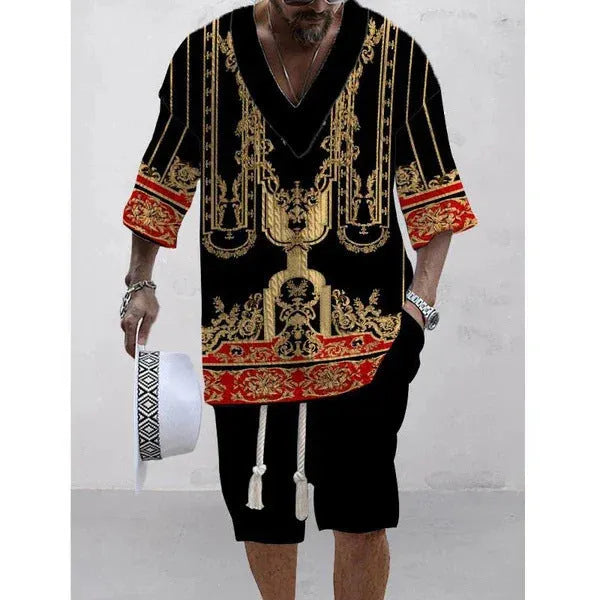 Man wearing a loose fit casual short sleeve top and matching shorts suit set