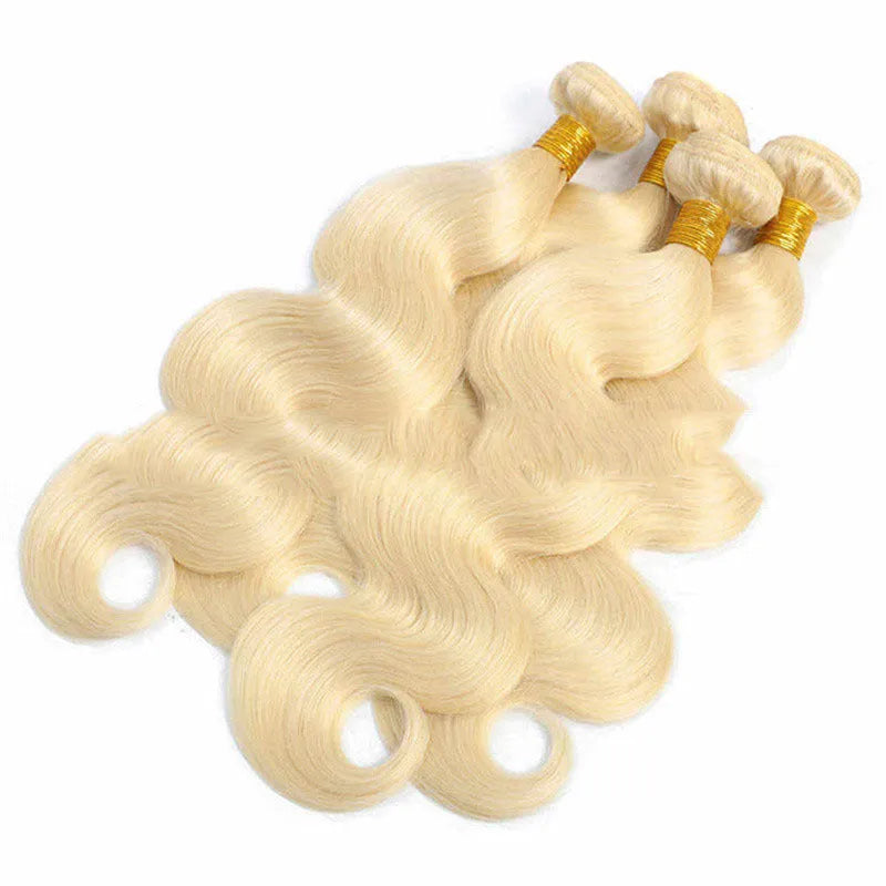 Light gold 613 body wave wig with snake wavy texture on a mannequin head showing 16-24 inch length options