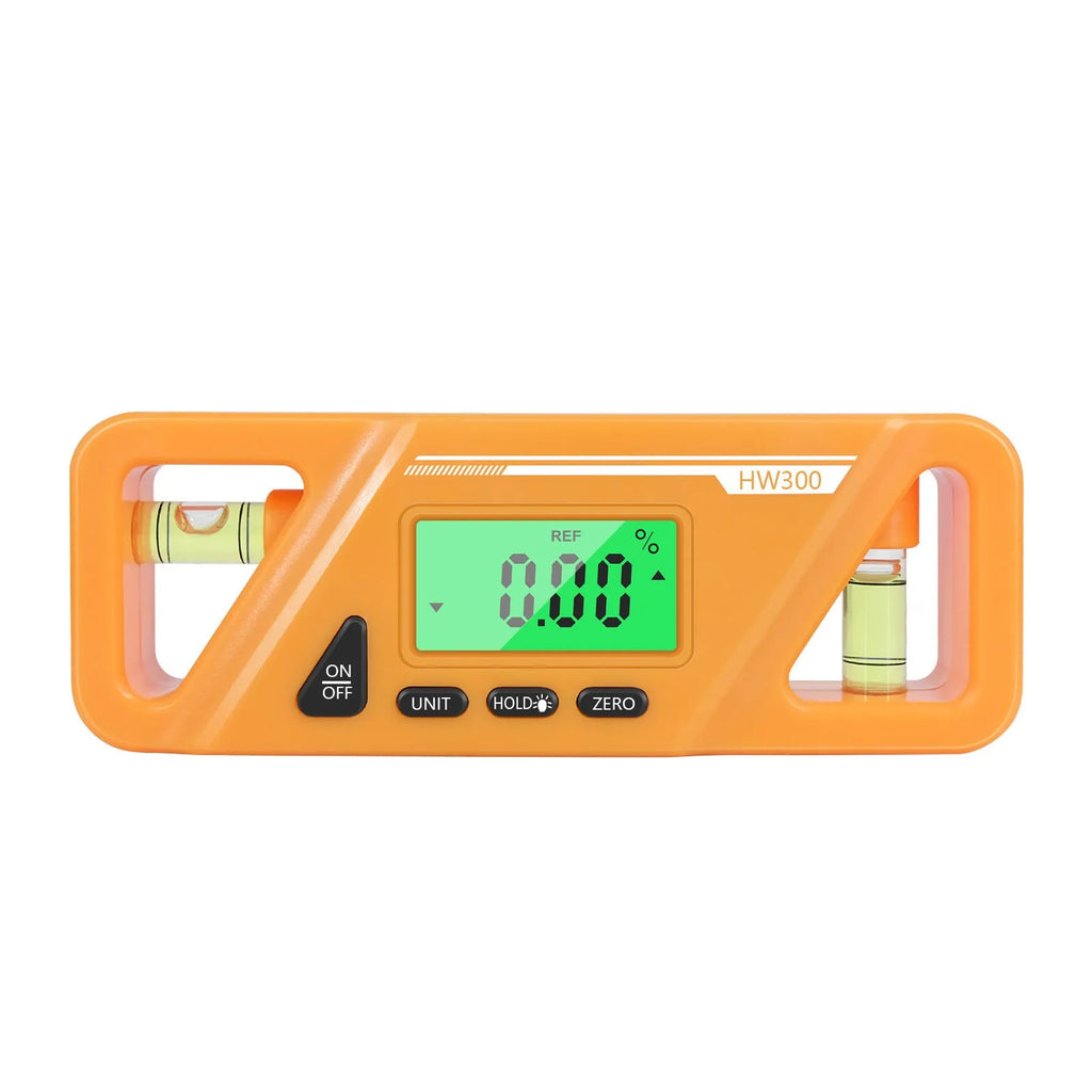 Plastic digital inclinometer level meter with magnetic base and LCD display showing angle measurement.