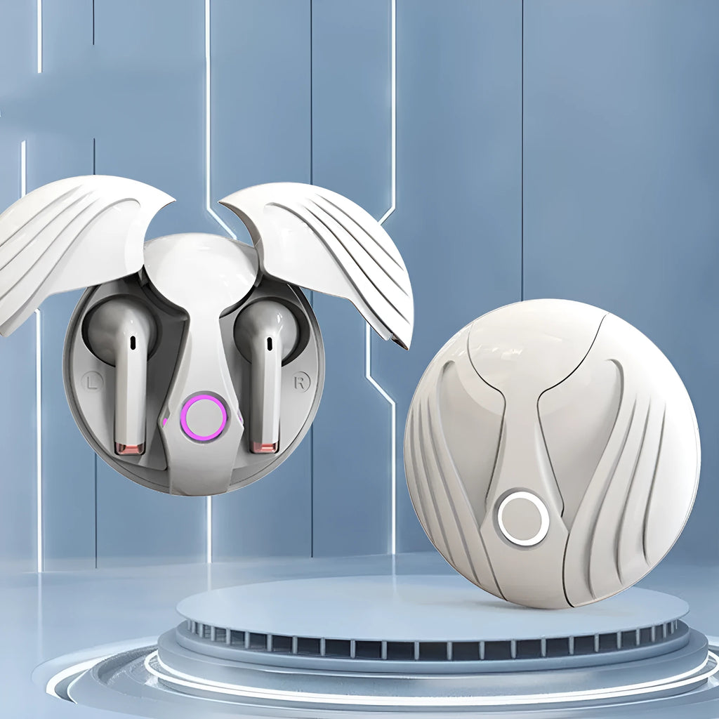 Gaming TWS true wireless Bluetooth headset with noise cancelling in black charging case, side view