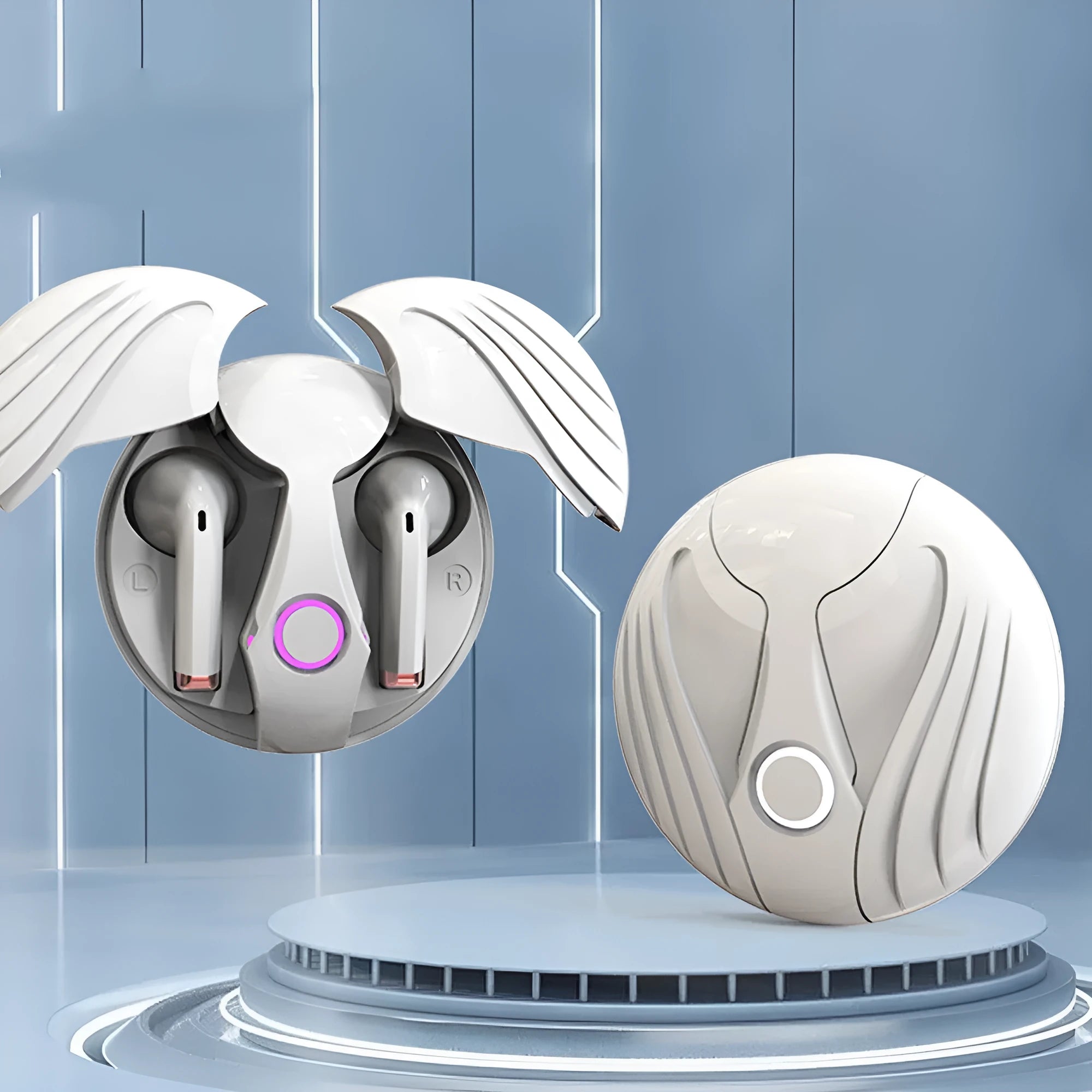 Gaming TWS true wireless Bluetooth headset with noise cancelling in black charging case, side view