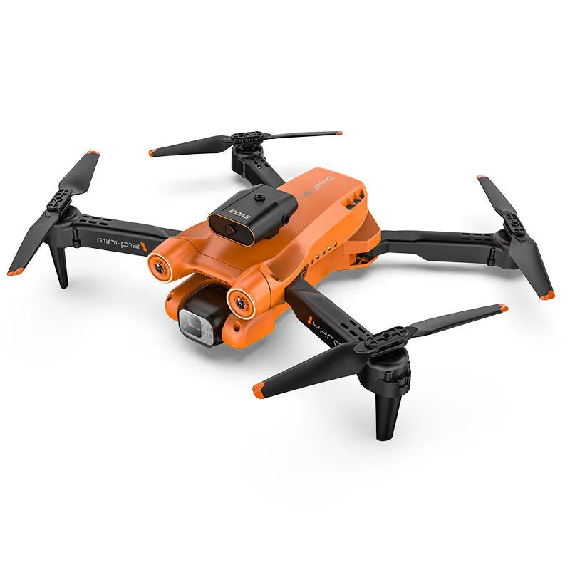 P12 Black and Orange quadcopter drones with HD cameras showing folded and unfolded positions