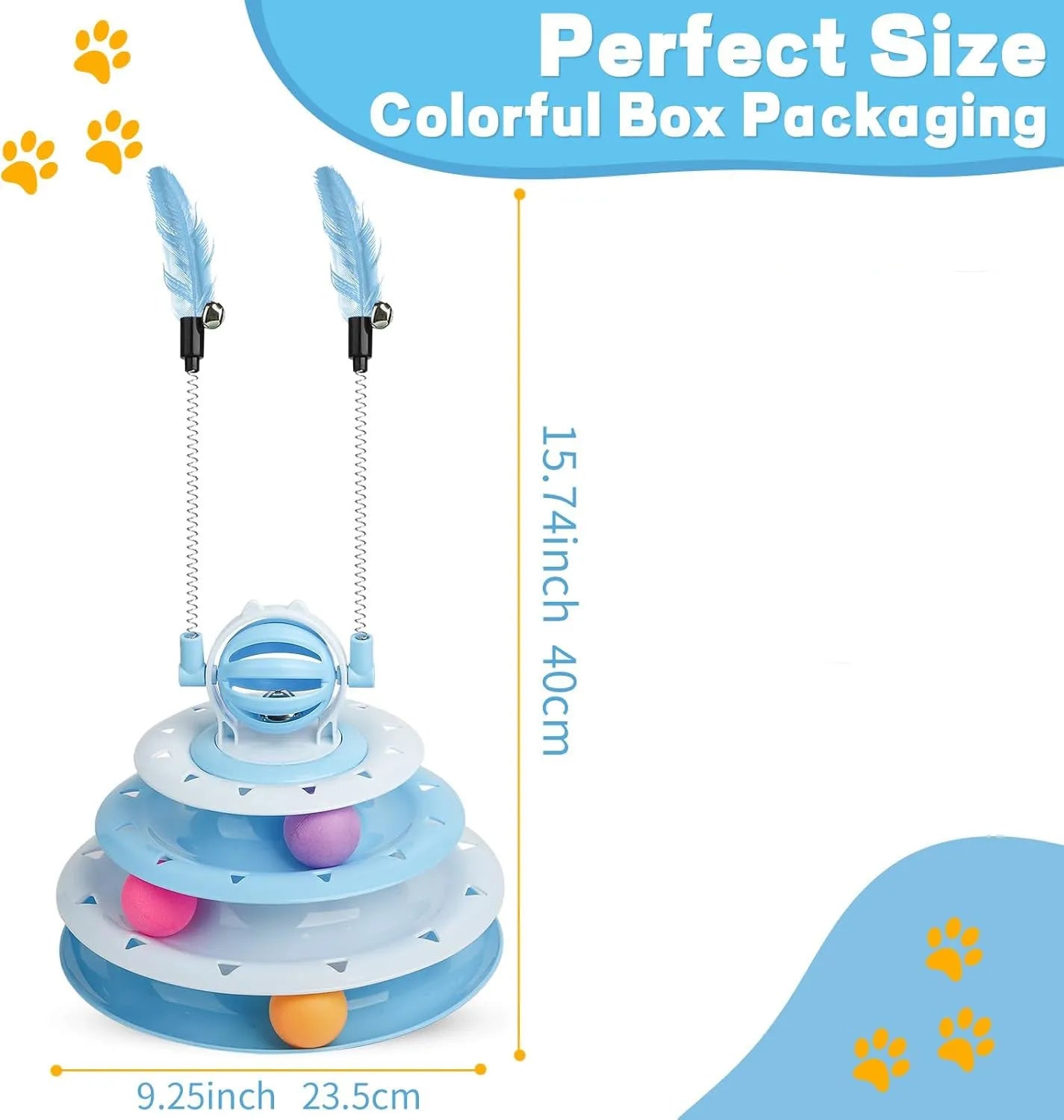 Interactive four-tier carousel cat toy with colourful balls and teasing rods on a non-slip base.