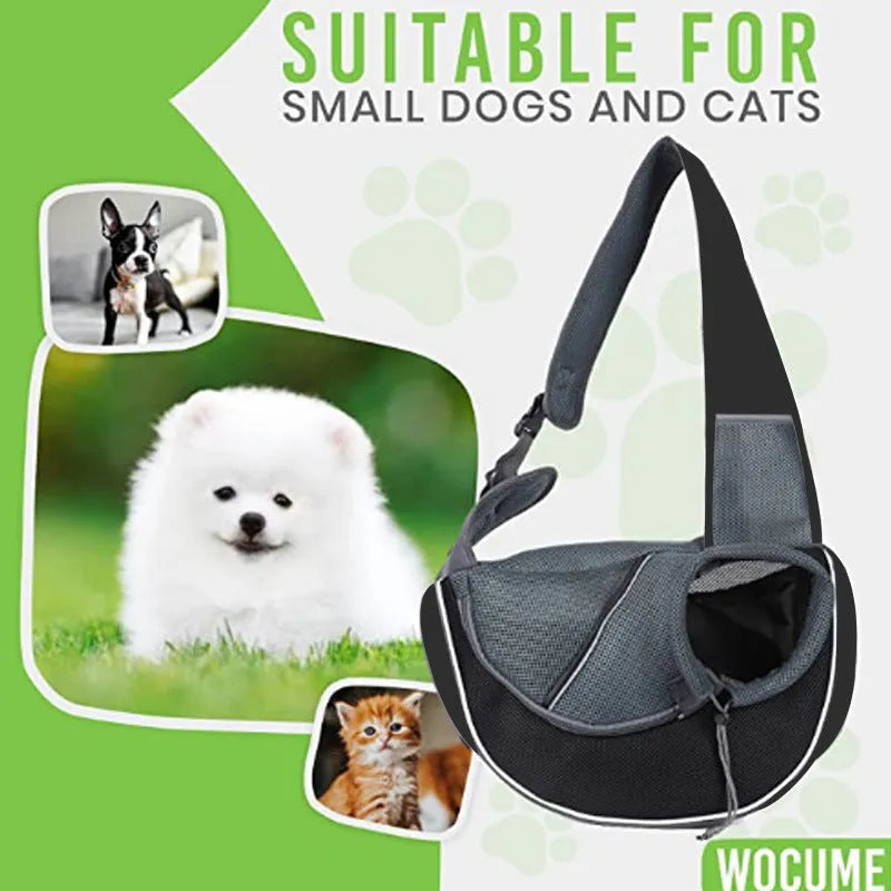 Women carrying black pet crossbody bag with small dog inside, Oxford material with drawstring closure