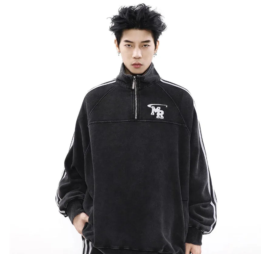 Black American retro style sports hoodie with stand collar and long sleeves