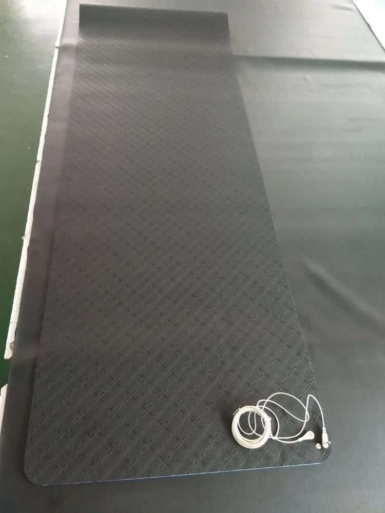 Blue conductive yoga mat with grounding wire, plants and flowers pattern, 182cm long by 61cm wide