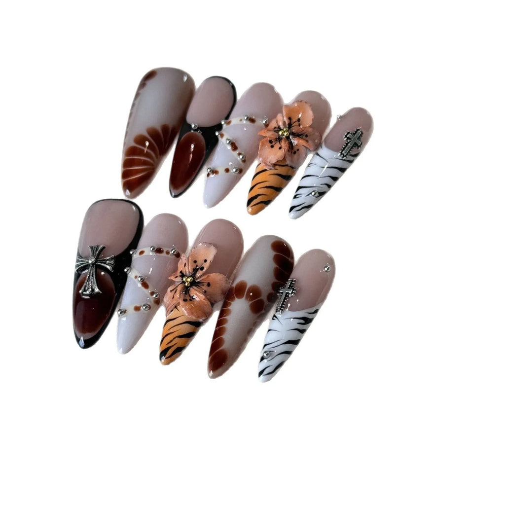 French-style leopard print nail stickers with cross and flower designs in 10-piece pack