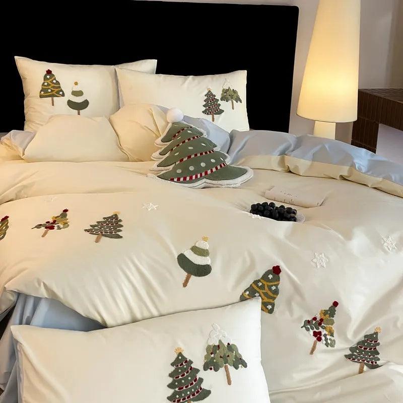 Cream Blue long-staple cotton bedding set with embroidered Christmas tree and floral pattern