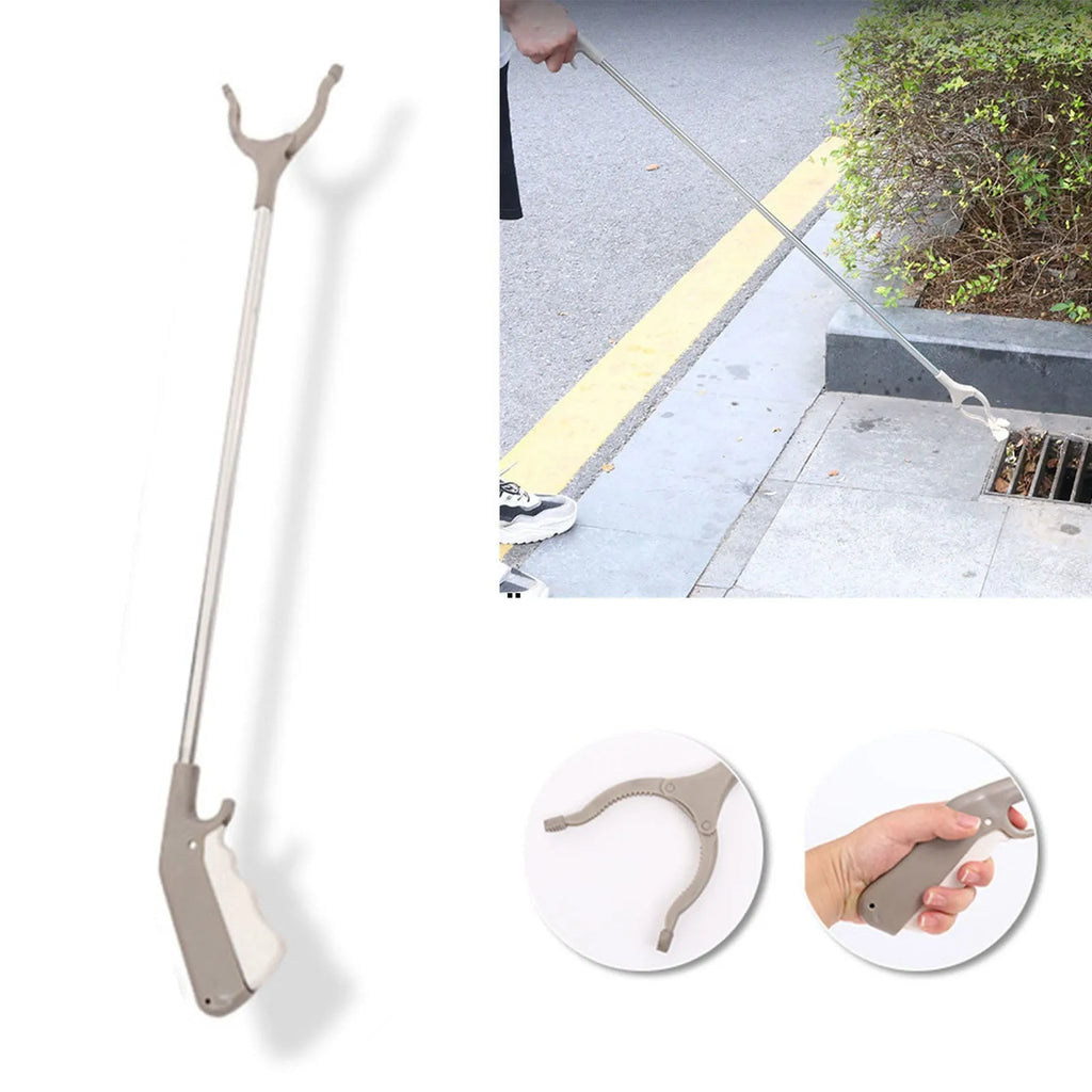 Stainless steel garbage picker with 40cm length and push-handle design for one-handed operation