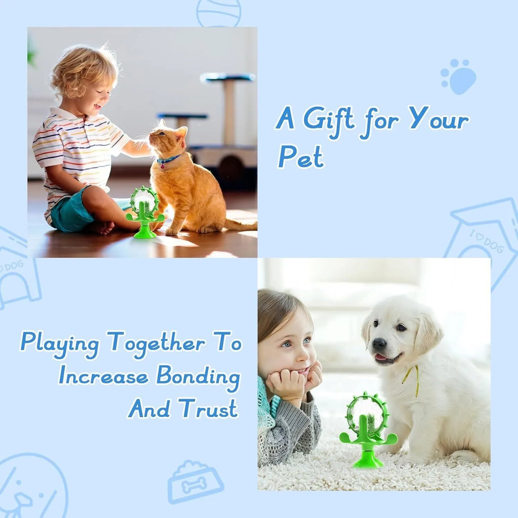 Interactive pet spinner toy in blue, green, red, or yellow with treat holes and suction base.
