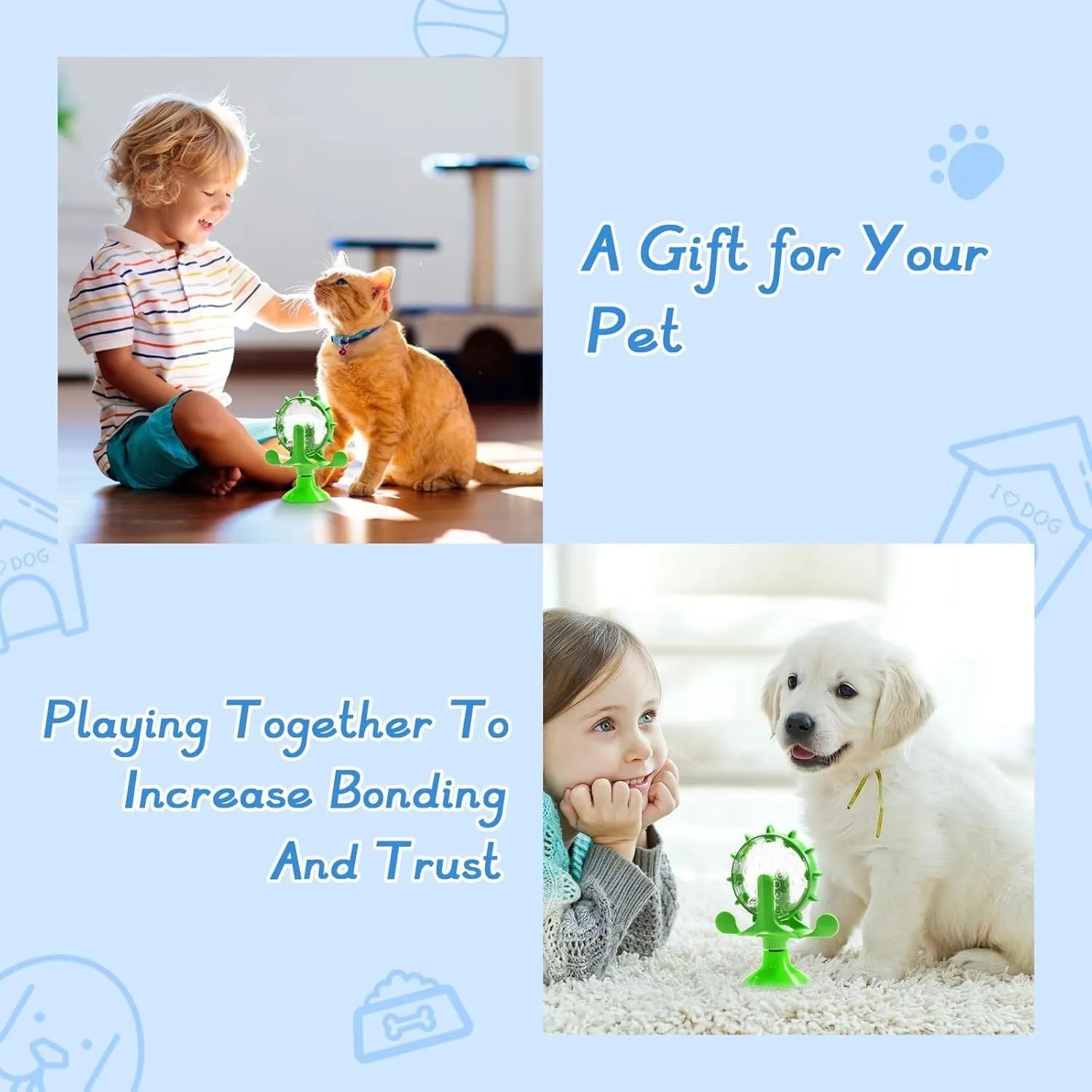 Interactive pet spinner toy in blue, green, red, or yellow with treat holes and suction base.