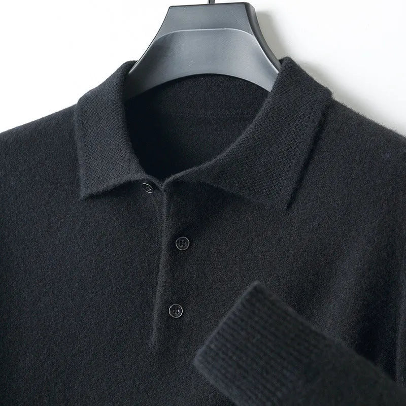 Men's wool polo collar pullover sweater in noble blue colour, showing long sleeves and collar detail.