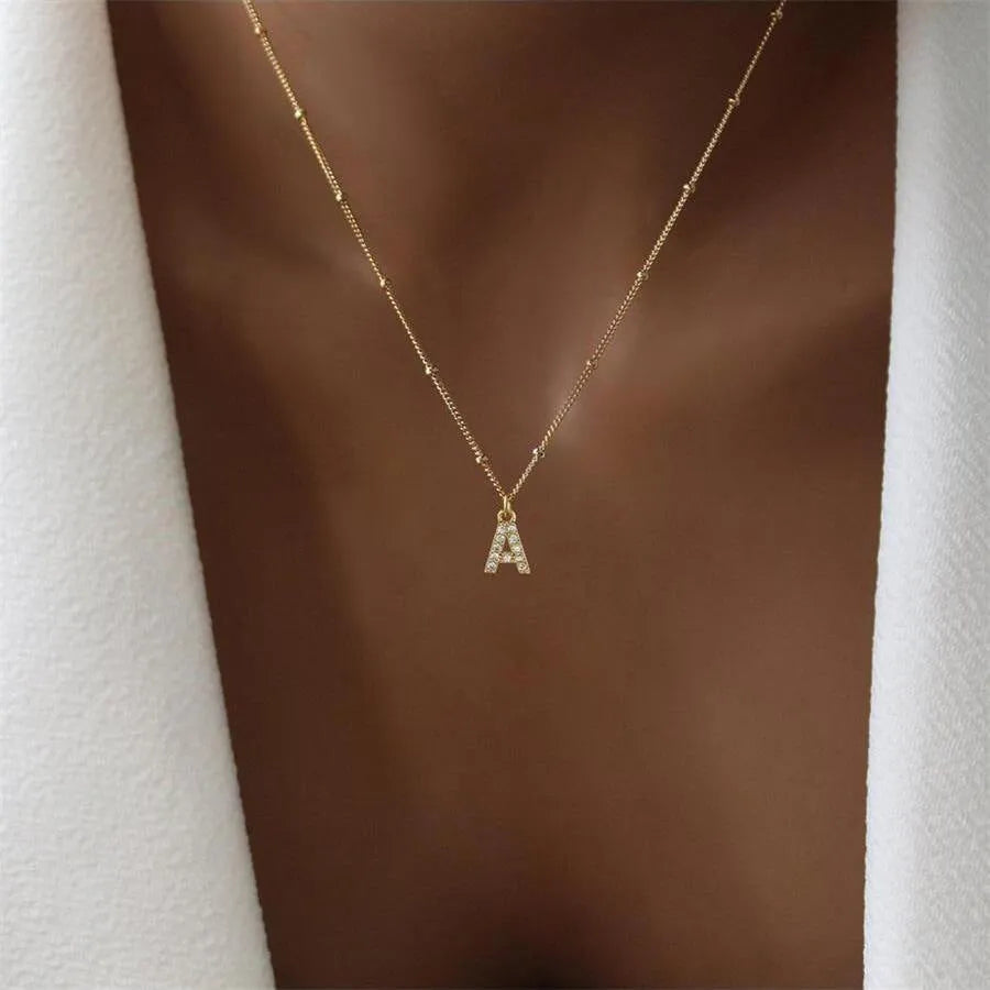 Light luxury copper letter pendant necklace with micro zircon inlay on O-ring chain