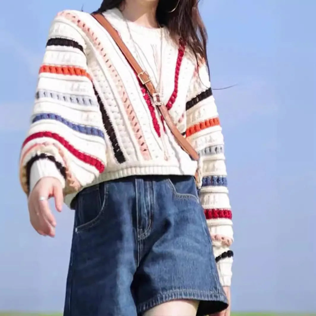 Retro rainbow striped hollow sweater with batwing sleeves and round neck in loose casual style