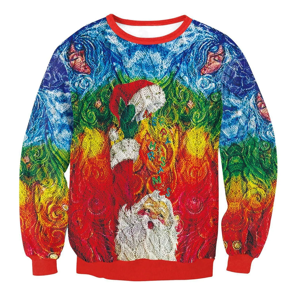 Ugly Christmas sweater with Santa and Elf print, long sleeves, round neck, loose fit for women and men