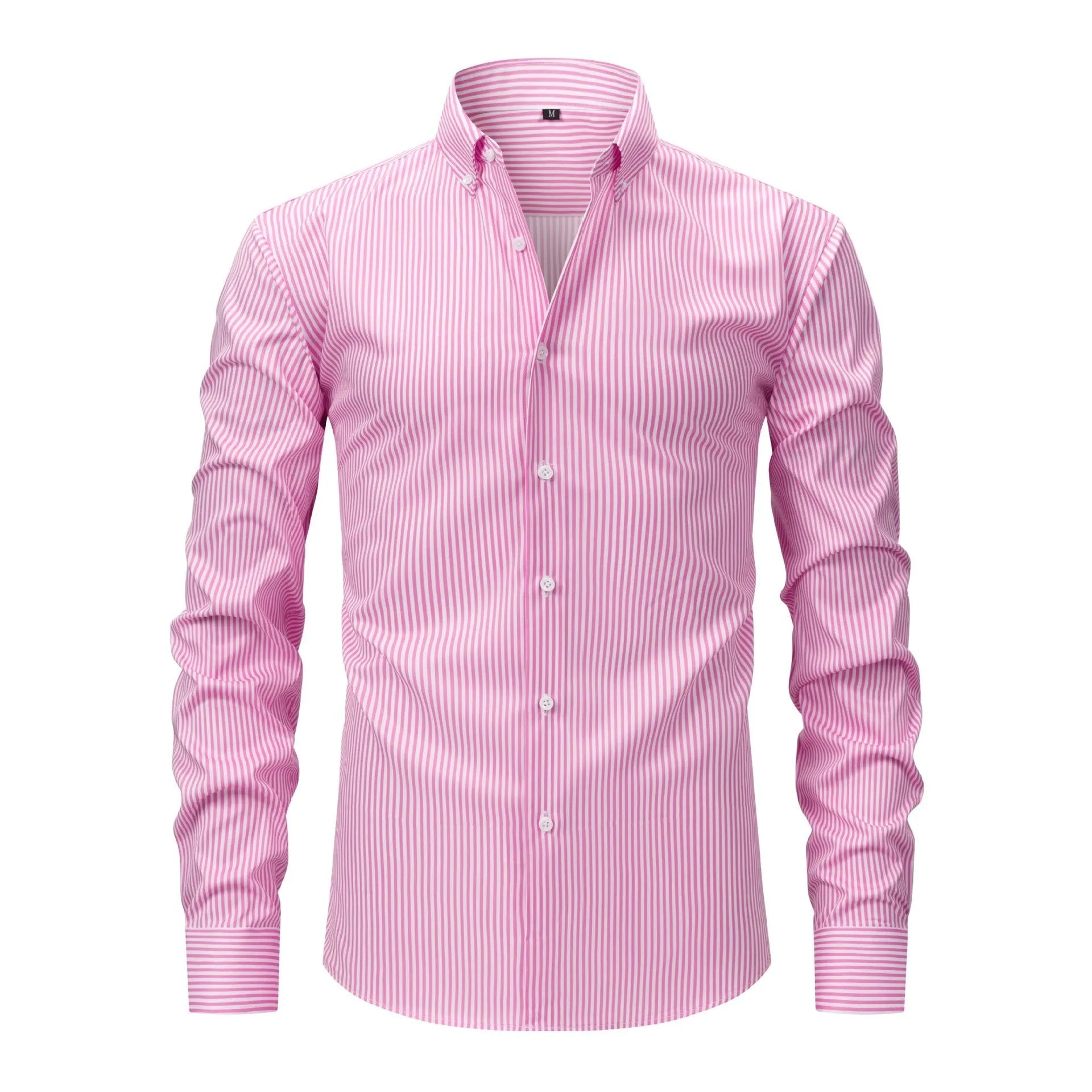 A man wearing a striped long-sleeved non-iron business casual shirt with a lapel collar.