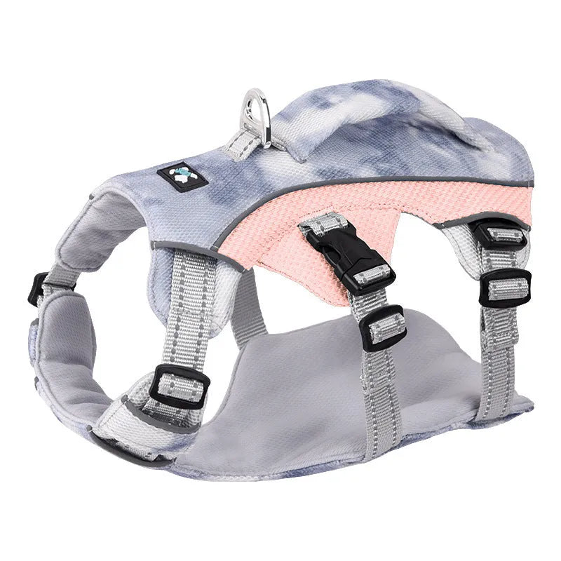 Reflective pet cooling vest chest strap in light blue, pink, dark blue, and orange colour options.
