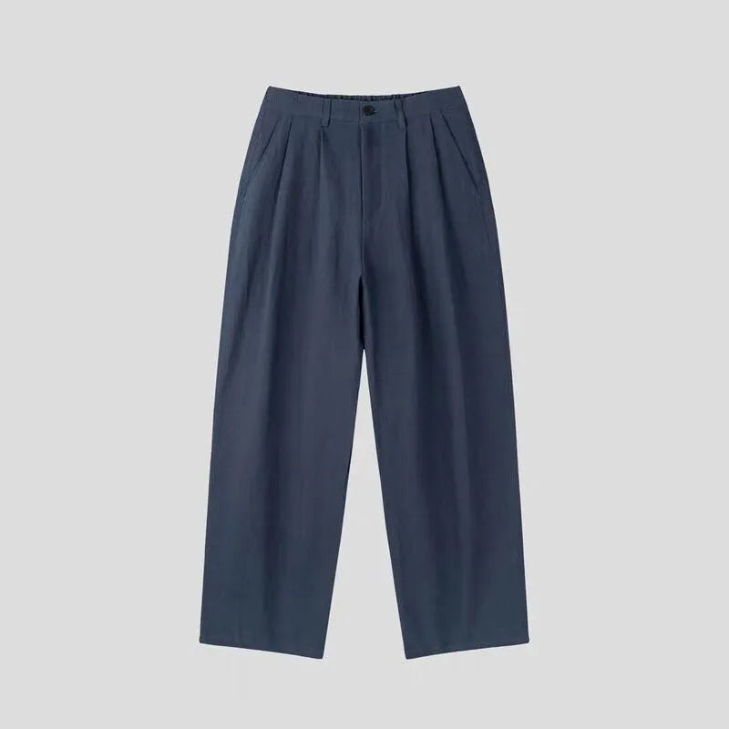 Men's cotton linen suit trousers in apricot colour with micro-elastic fabric and pencil pants leg opening