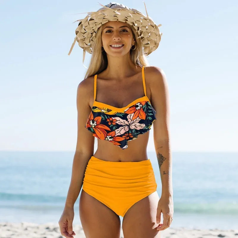 Women's green floral high-waisted pleated pants swimsuit set with bikini top