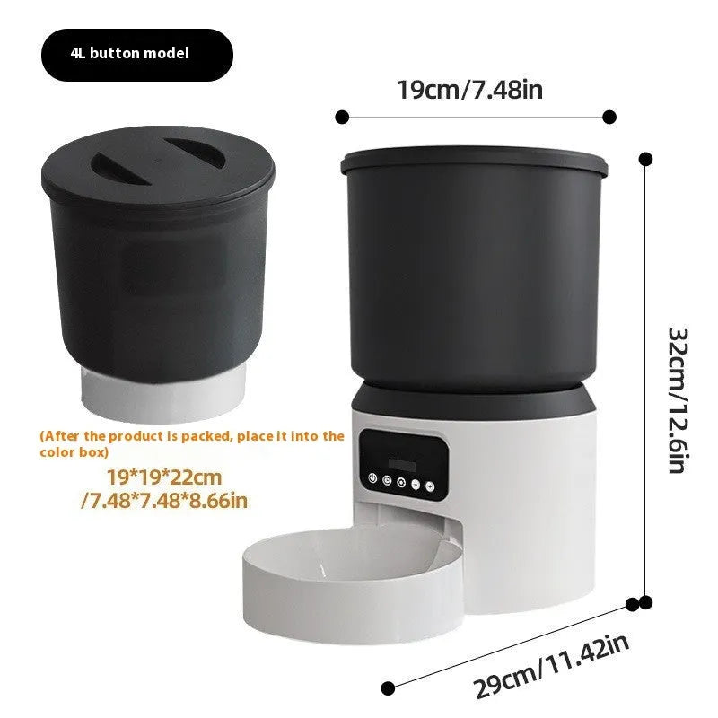 White 4-litre smart pet feeder with LCD screen, featuring a stainless steel bowl on a grey placemat.