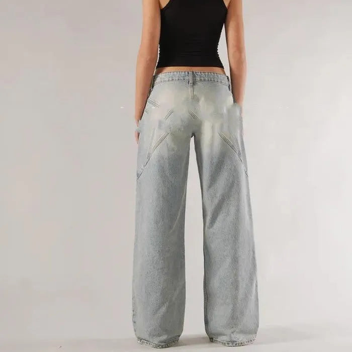 Loose straight wide leg cotton trousers in blue colour with low waist and stitching details