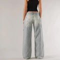 Loose straight wide leg cotton trousers in blue colour with low waist and stitching details