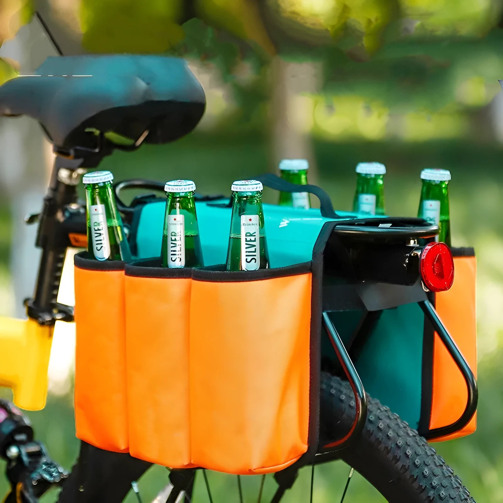 Double-sided black bicycle beverage bag mounted on bike frame showing 2 litre capacity