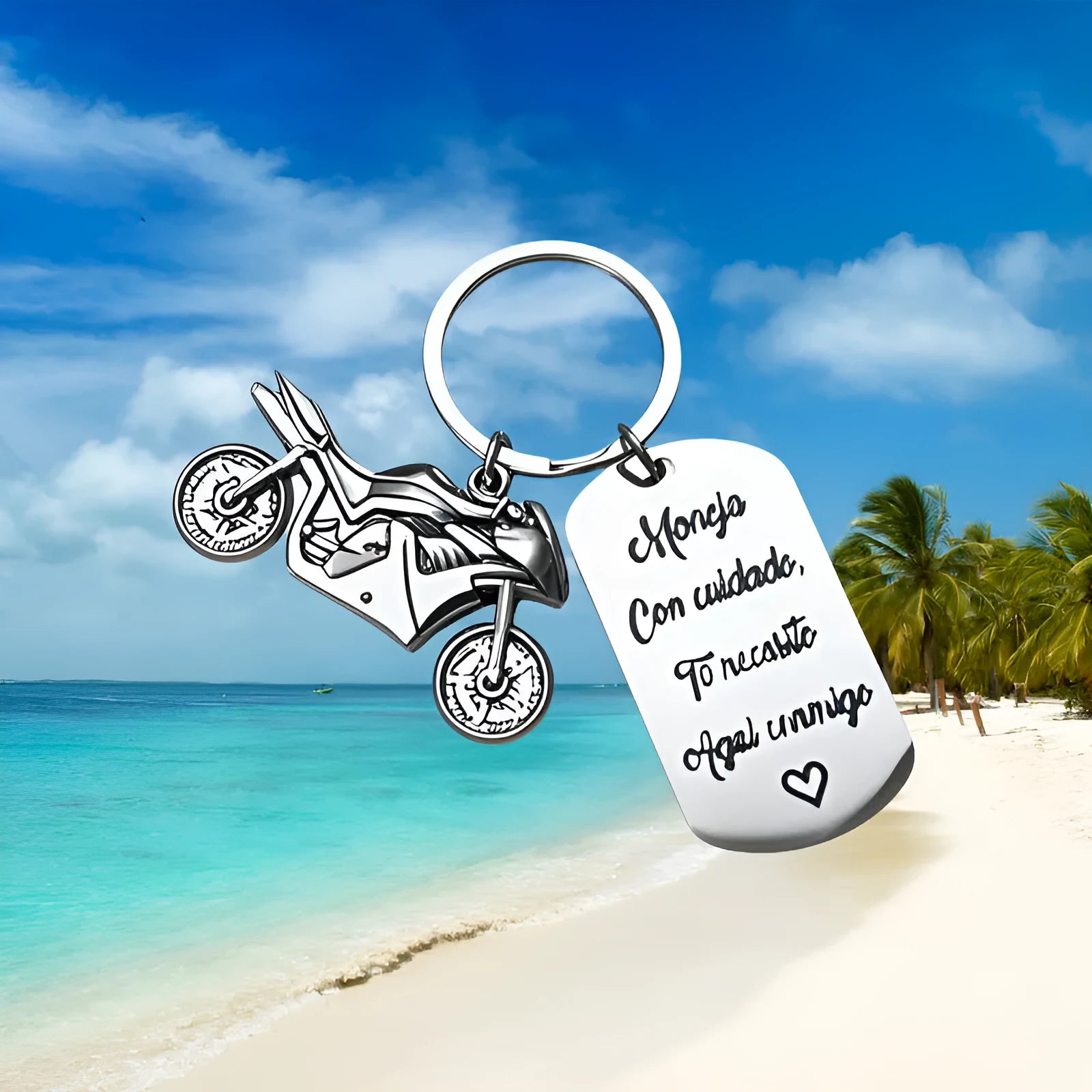 Stainless steel metal keychain on a velvet cloth, showing Motorcycle Keychain and Flannel Bag style options.