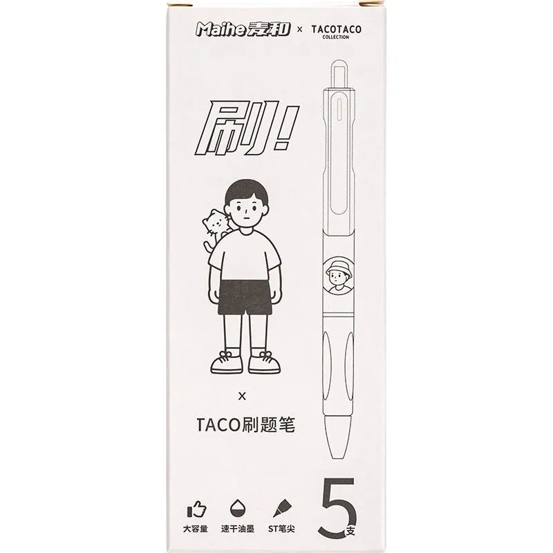 Five black ballpoint pens with 0.5mm tips from Taco series with quick-drying ink