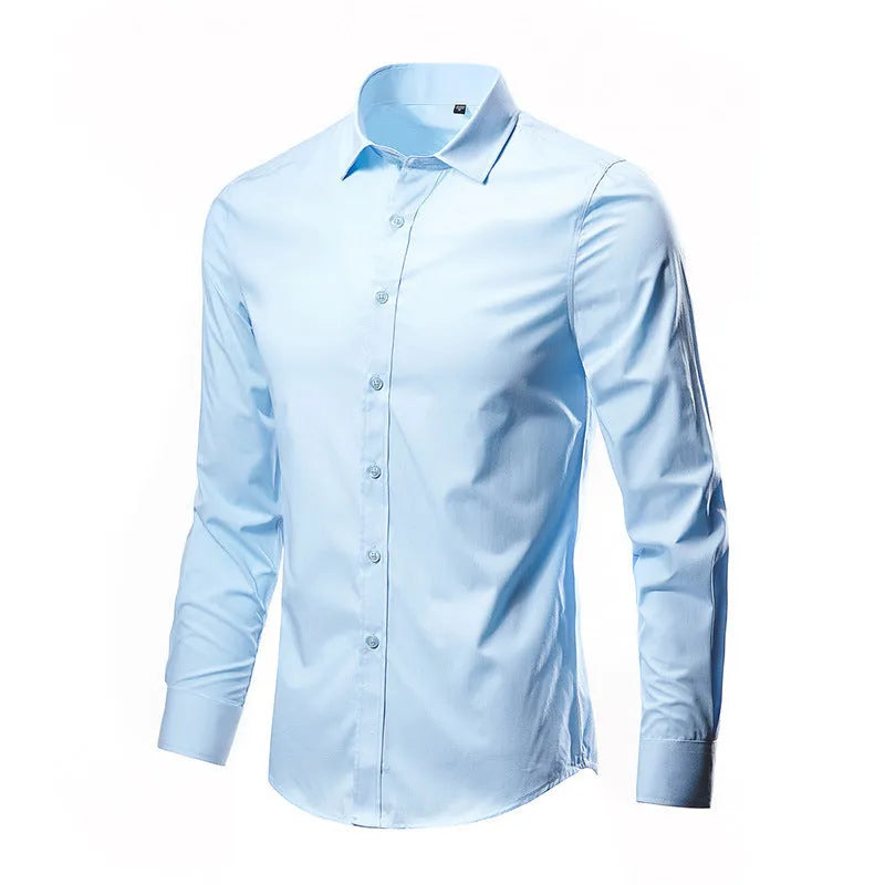 Men's loose-fit long-sleeve linen shirt shown in a neutral colour, featuring a button front and long sleeves.