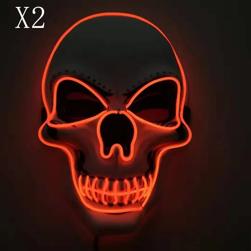 Skull LED glowing Halloween mask with EL wire, available in multiple colours, on a black background