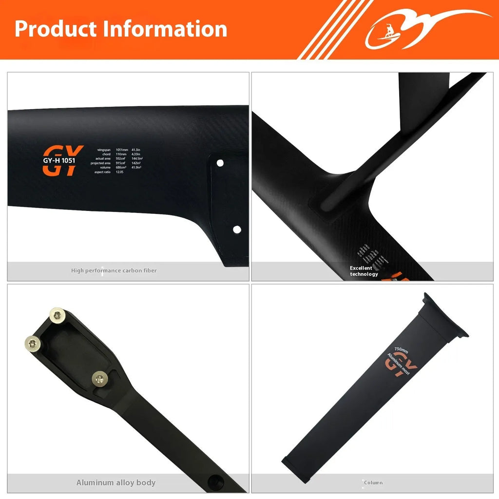 Black carbon fibre and aluminium racing hydrofoil for surfing with large front wing