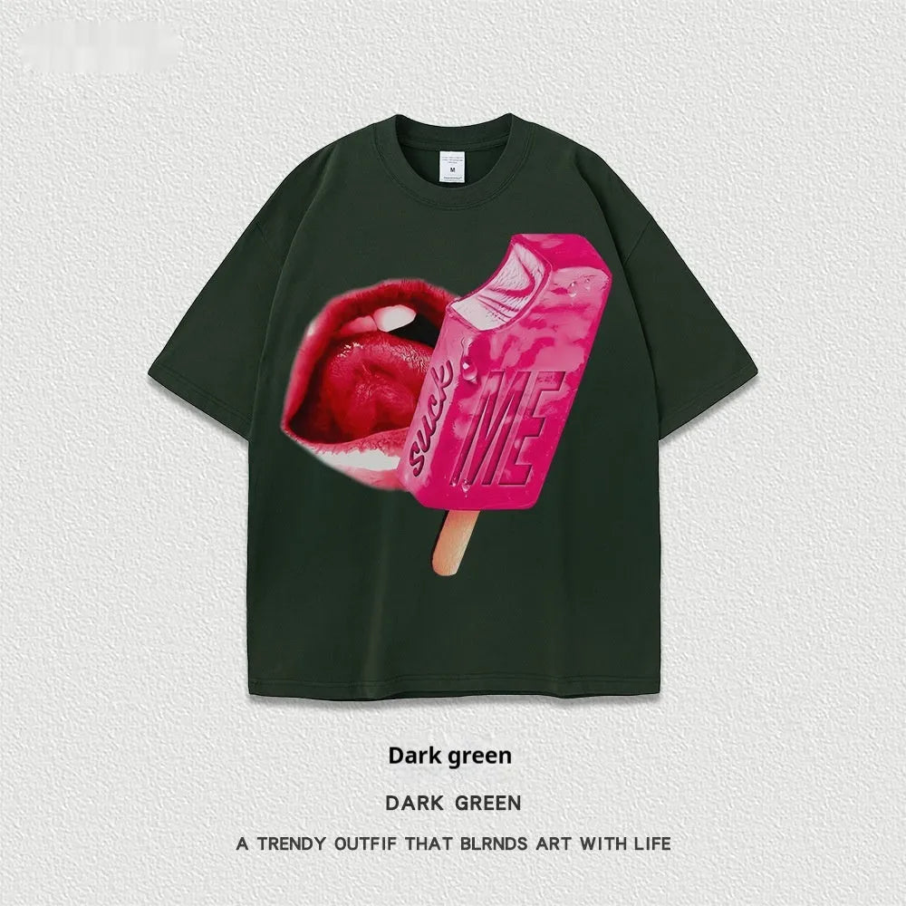 A loose-fit short-sleeved T-shirt with a cartoon print, shown in a heavy washed cotton fabric.