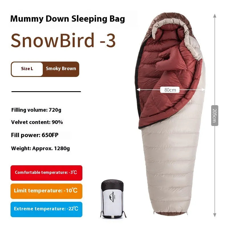 Goose down mummy sleeping bag for adults in Snowbird colour with storage bag