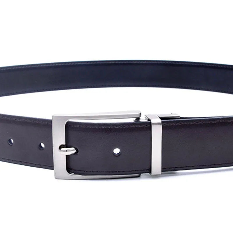 Men's brown and black genuine leather belt with a silver rotating pin buckle, shown on a flat surface.