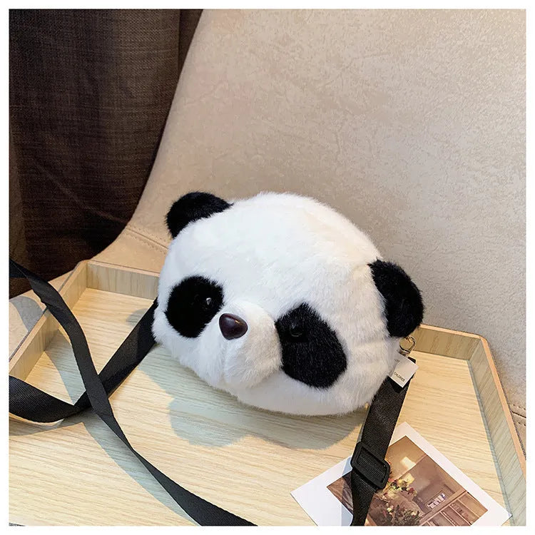 Panda Head print plush crossbody bag with cylindrical shape and sandwich pockets