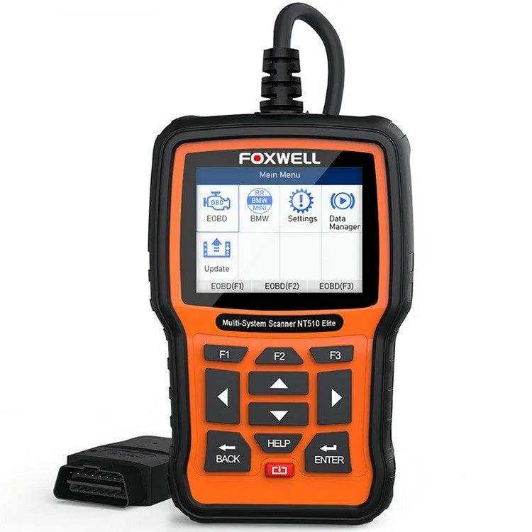 Foxwell NT510 orange and black automotive diagnostic tool with large colour screen and data cable