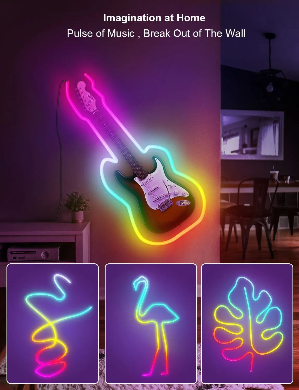 3 metre USB-powered RGB neon light strips with Bluetooth music sync and remote control