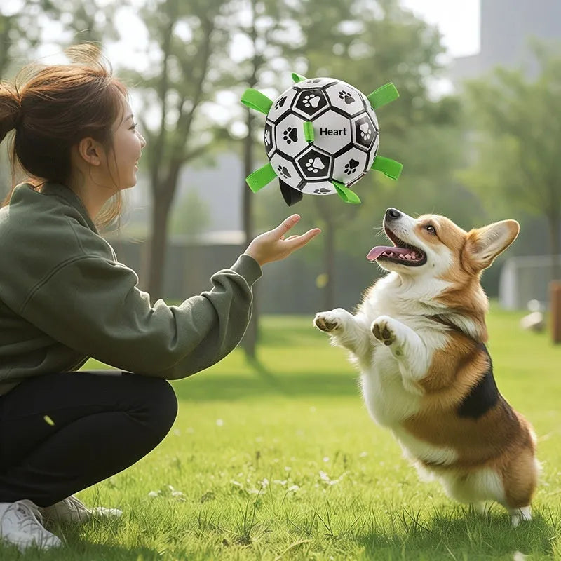 Medium dog toy ball for chewing and fetching made from PVC with a sounding feature for interactive play