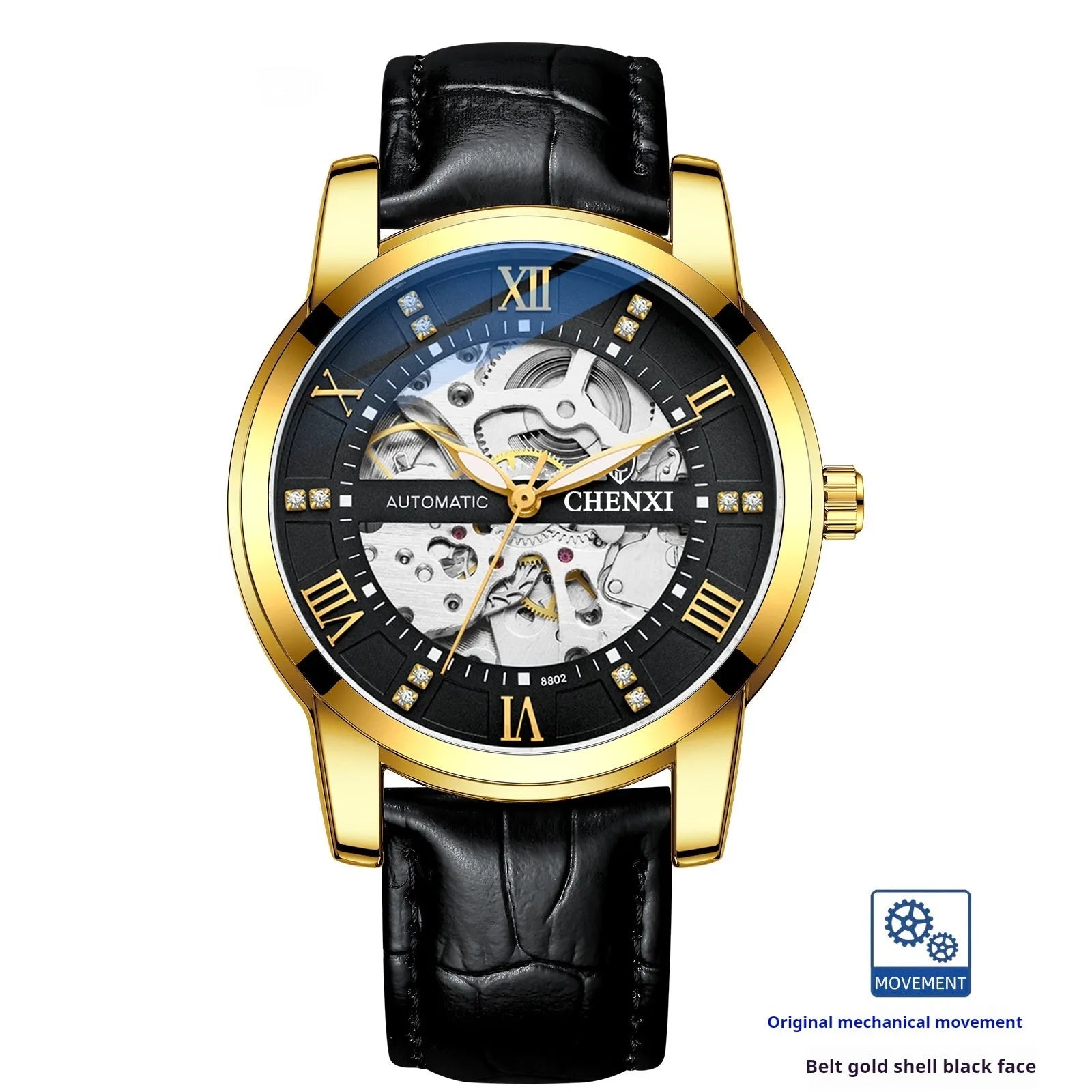 Hollow automatic mechanical watch with belt and black or gold shell, 13mm thickness, men's business style