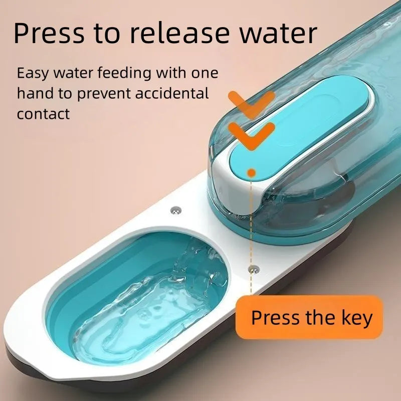 Portable plastic dog water bottle with attached foldable drinking bowl in blue colour for outdoor travel