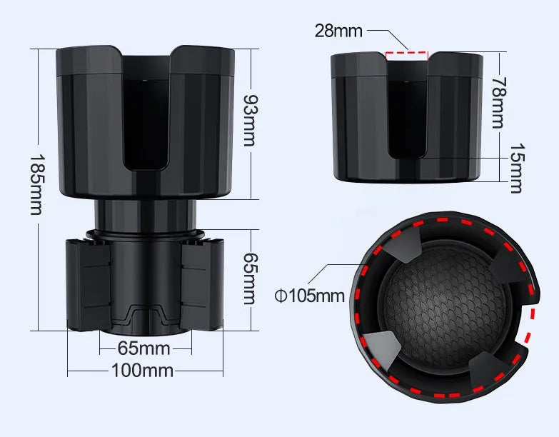Matte black car cup holder expander with adjustable base for large bottles and cups.